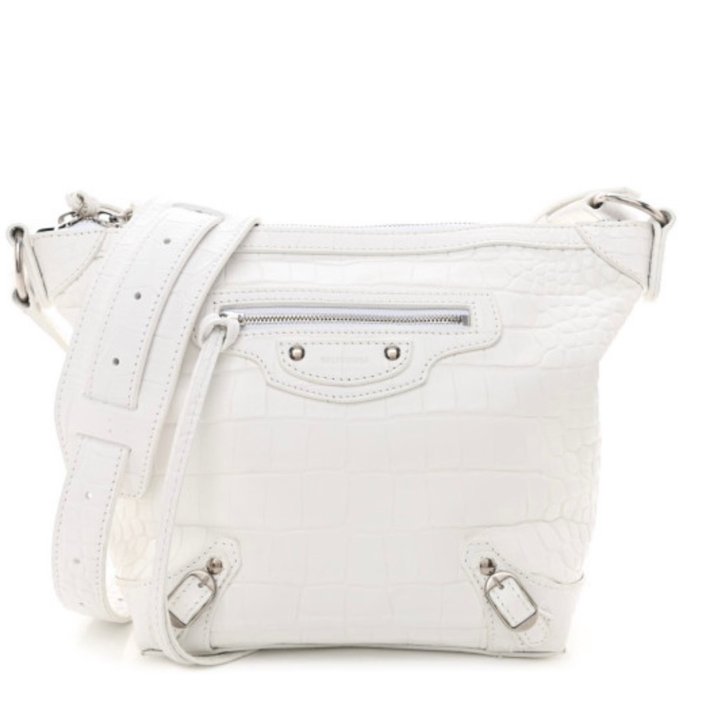 Balenciaga Neo Classic Hobo Crocodile Embossed Leather XS White